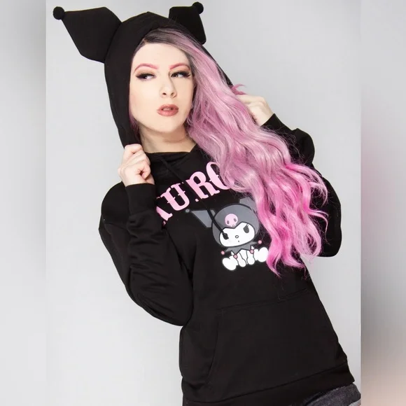 Kuromi Hoodie Plush Ear Sanrio Cosplay Kawaii Anime Black Hoodie Pullover S NWT - Picture 4 of 9
